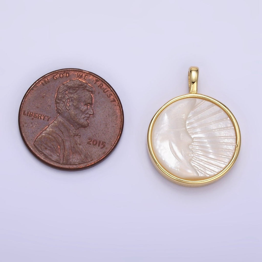 24K Gold plated Celestial Moon Face Ray Shell Pearl Bezel Round Pendant | AA1332 - DLUXCA