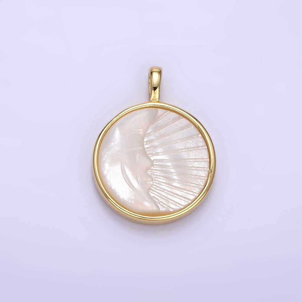 24K Gold plated Celestial Moon Face Ray Shell Pearl Bezel Round Pendant | AA1332 - DLUXCA