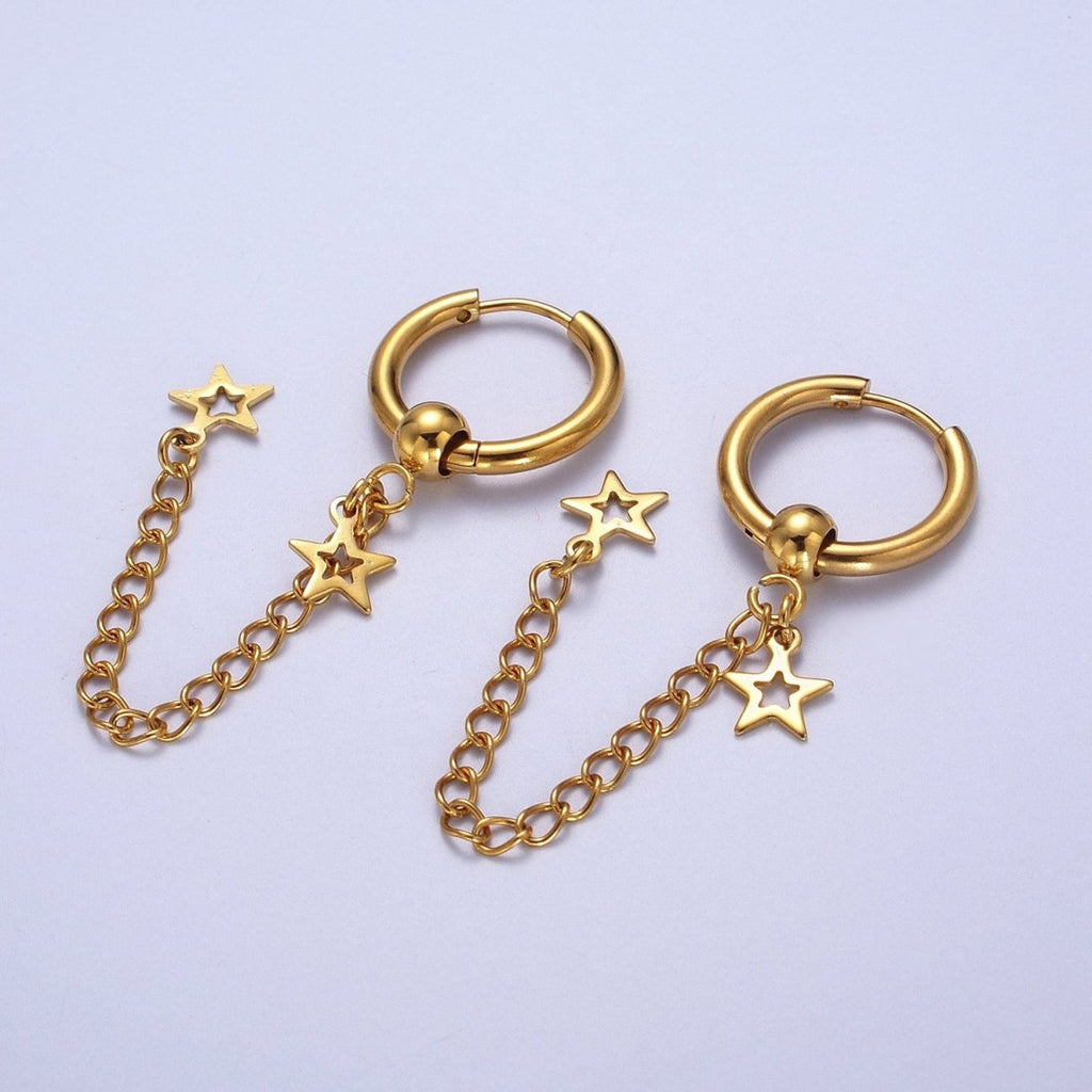 24K Gold plated Celestial Star Chain Drop Huggie Drop Earrings | Y-179 - DLUXCA