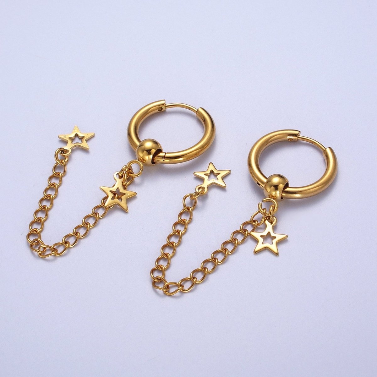 24K Gold plated Celestial Star Chain Drop Huggie Drop Earrings | Y-179 - DLUXCA