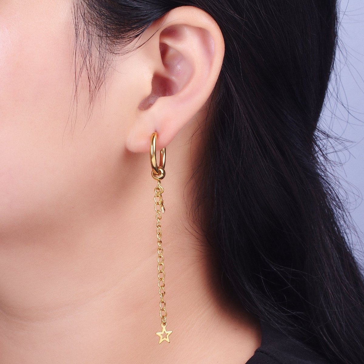 24K Gold plated Celestial Star Chain Drop Huggie Drop Earrings | Y-179 - DLUXCA