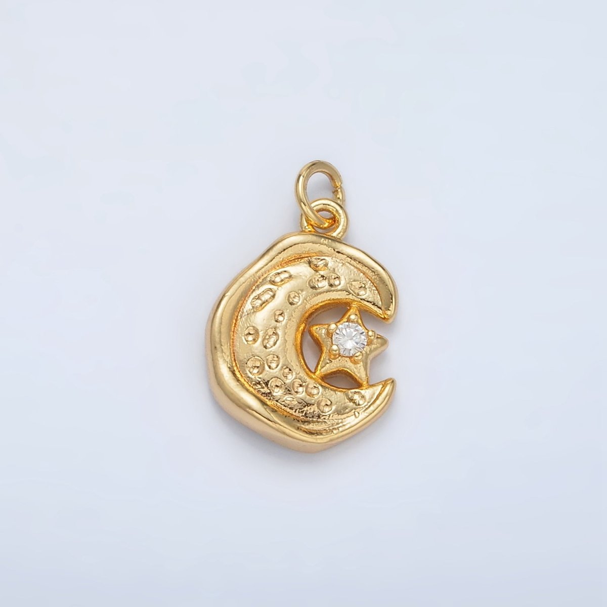 24K Gold plated Celestial Star CZ Hammered Crescent Moon Stamped Charm | AC103 - DLUXCA