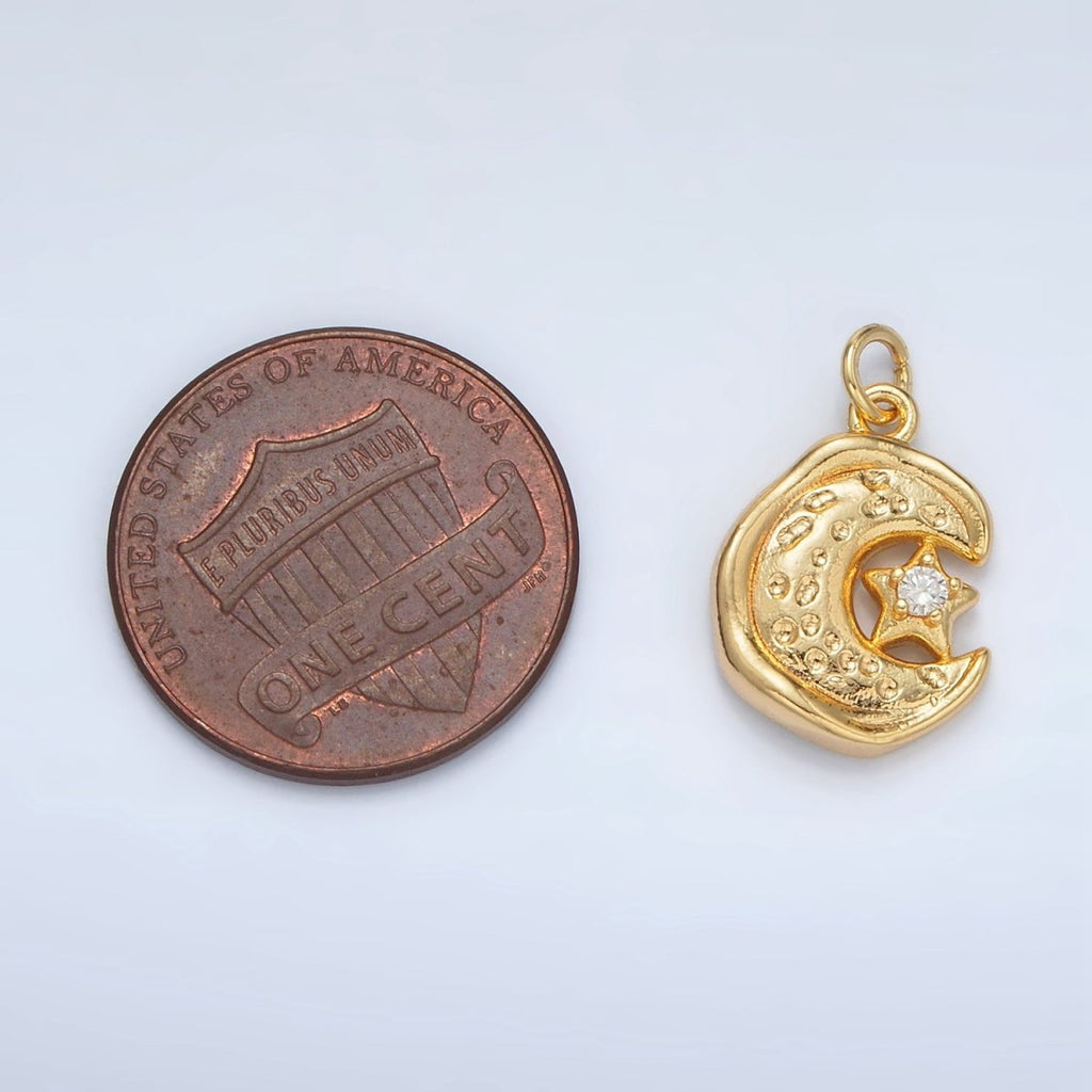 24K Gold plated Celestial Star CZ Hammered Crescent Moon Stamped Charm | AC103 - DLUXCA