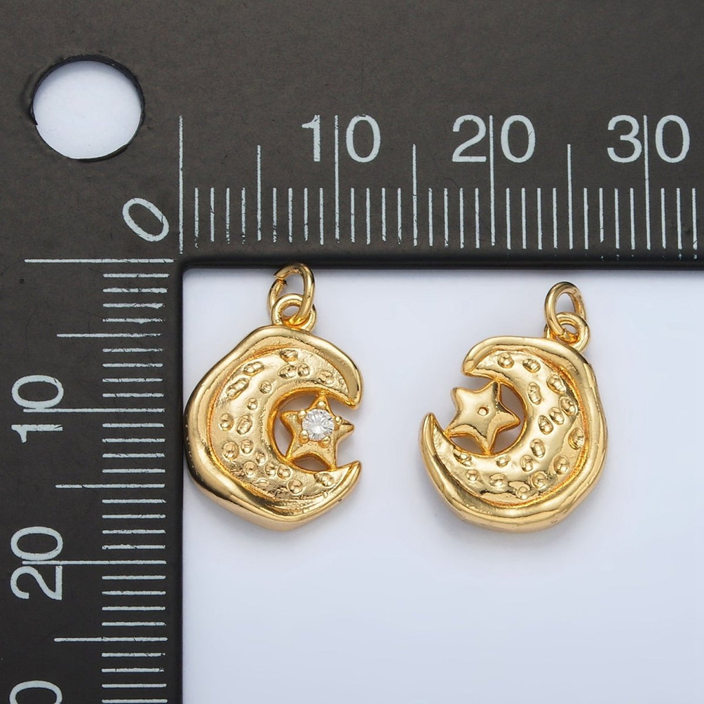 24K Gold plated Celestial Star CZ Hammered Crescent Moon Stamped Charm | AC103 - DLUXCA