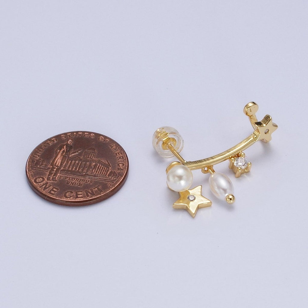 24K Gold-plated Celestial Star Pearl CZ Dangle Ear Climber Earrings | AB004 - DLUXCA