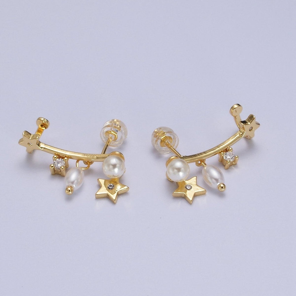 24K Gold-plated Celestial Star Pearl CZ Dangle Ear Climber Earrings | AB004 - DLUXCA