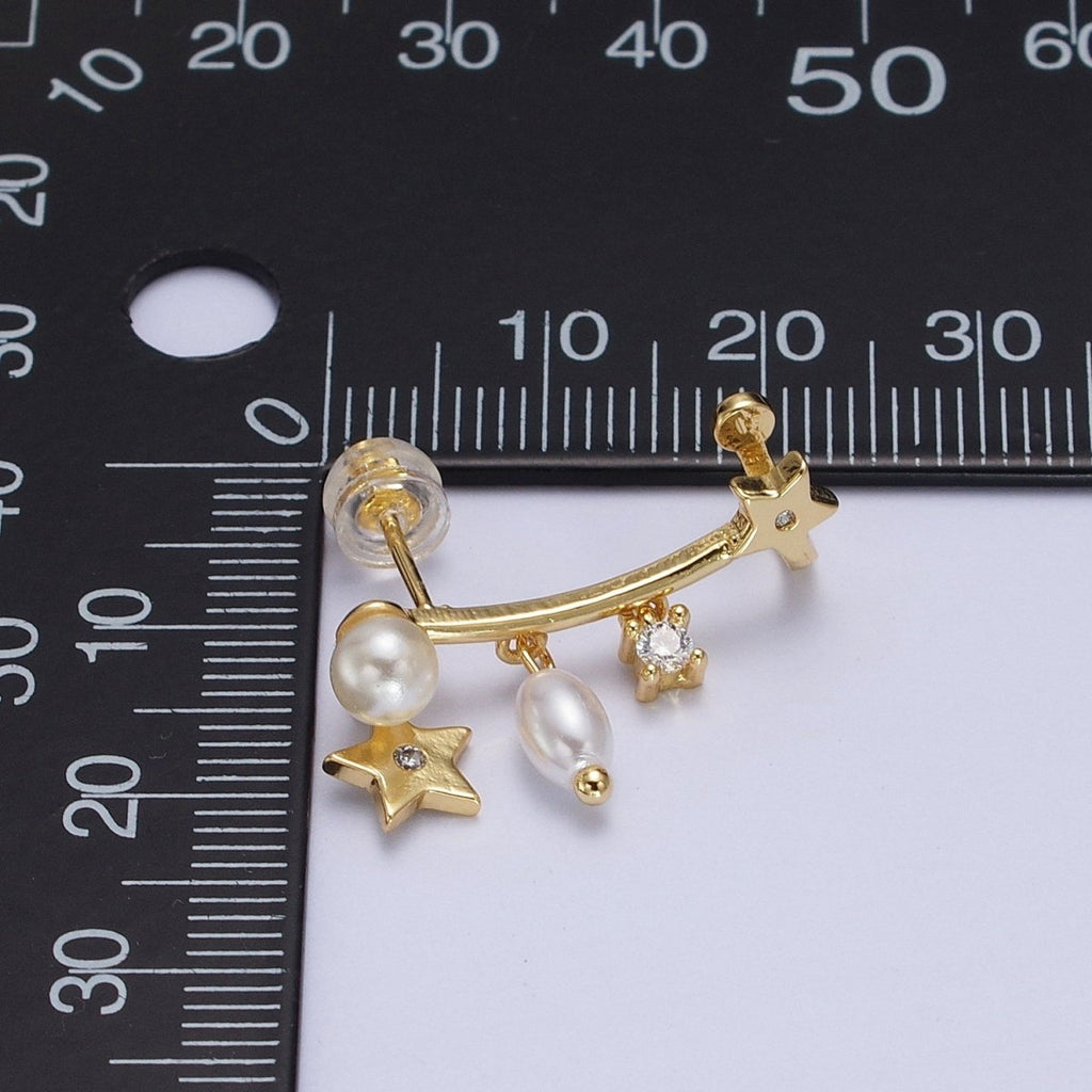 24K Gold-plated Celestial Star Pearl CZ Dangle Ear Climber Earrings | AB004 - DLUXCA