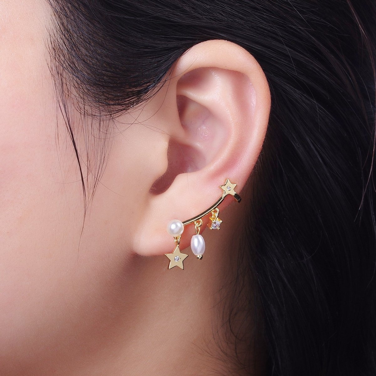 24K Gold-plated Celestial Star Pearl CZ Dangle Ear Climber Earrings | AB004 - DLUXCA