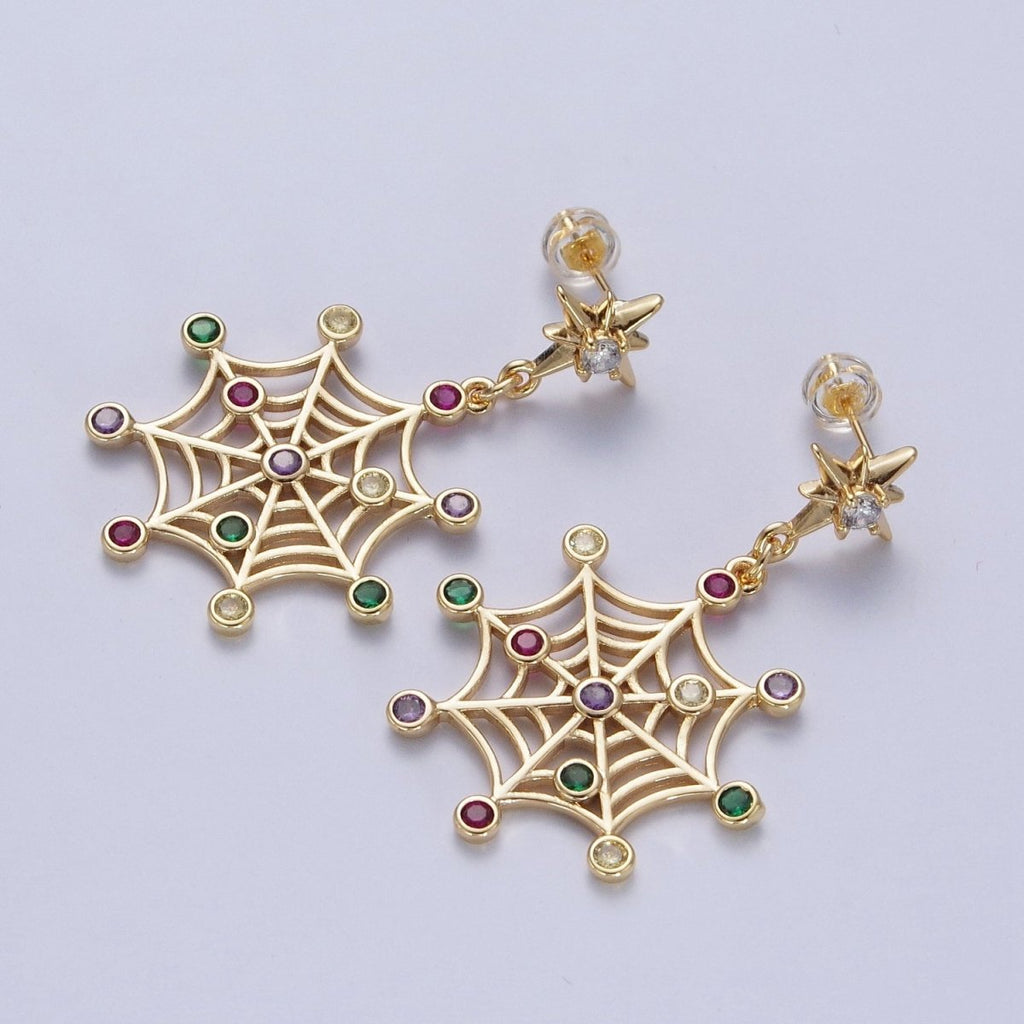 24K Gold plated Celestial Star Stud with Multicolor Round Cubic Zirconia CZ Spiderweb Dangle Earrings | X-820 - DLUXCA