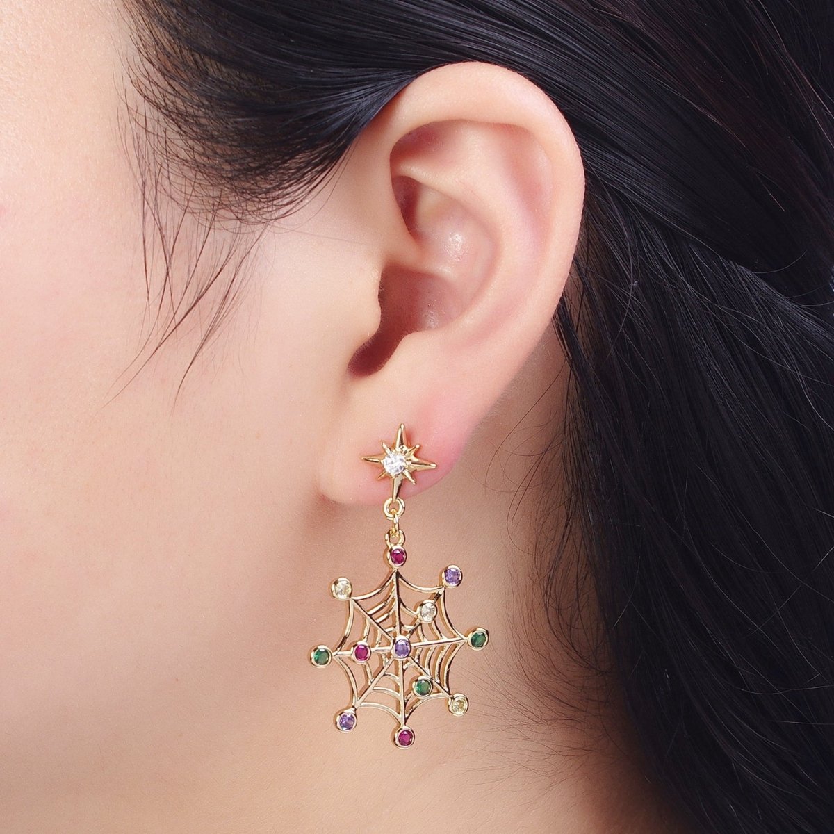 24K Gold plated Celestial Star Stud with Multicolor Round Cubic Zirconia CZ Spiderweb Dangle Earrings | X-820 - DLUXCA