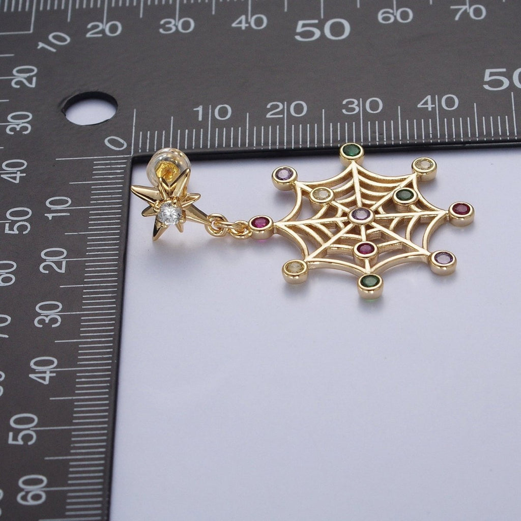 24K Gold plated Celestial Star Stud with Multicolor Round Cubic Zirconia CZ Spiderweb Dangle Earrings | X-820 - DLUXCA