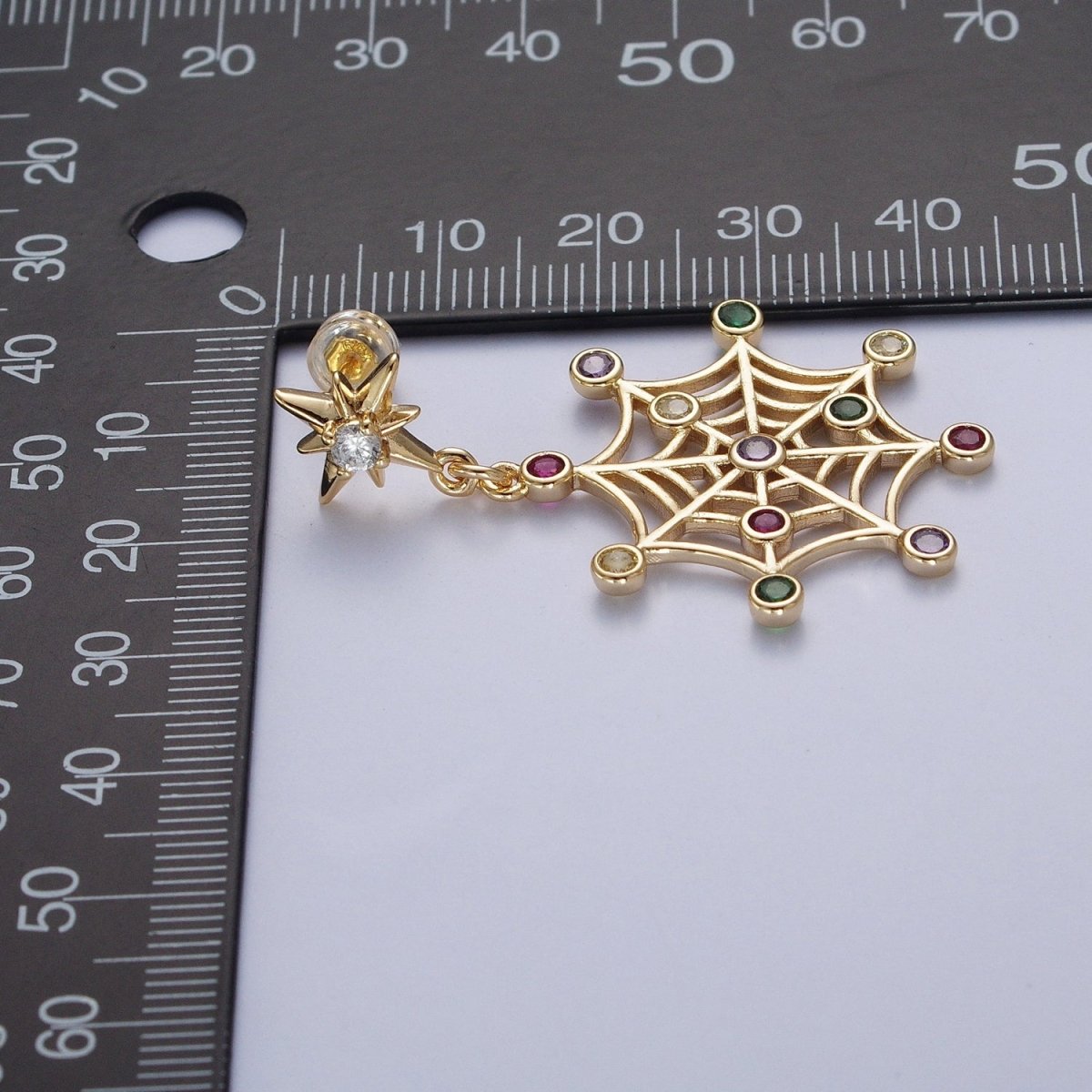 24K Gold plated Celestial Star Stud with Multicolor Round Cubic Zirconia CZ Spiderweb Dangle Earrings | X-820 - DLUXCA