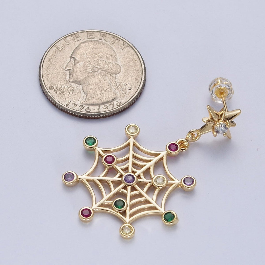24K Gold plated Celestial Star Stud with Multicolor Round Cubic Zirconia CZ Spiderweb Dangle Earrings | X-820 - DLUXCA