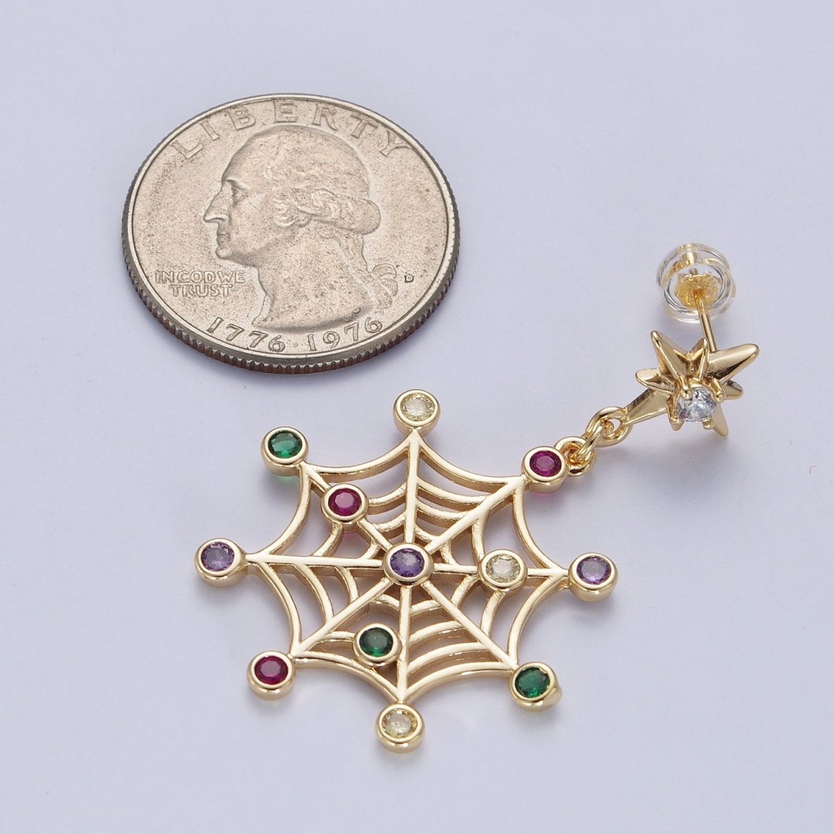 24K Gold plated Celestial Star Stud with Multicolor Round Cubic Zirconia CZ Spiderweb Dangle Earrings | X-820 - DLUXCA