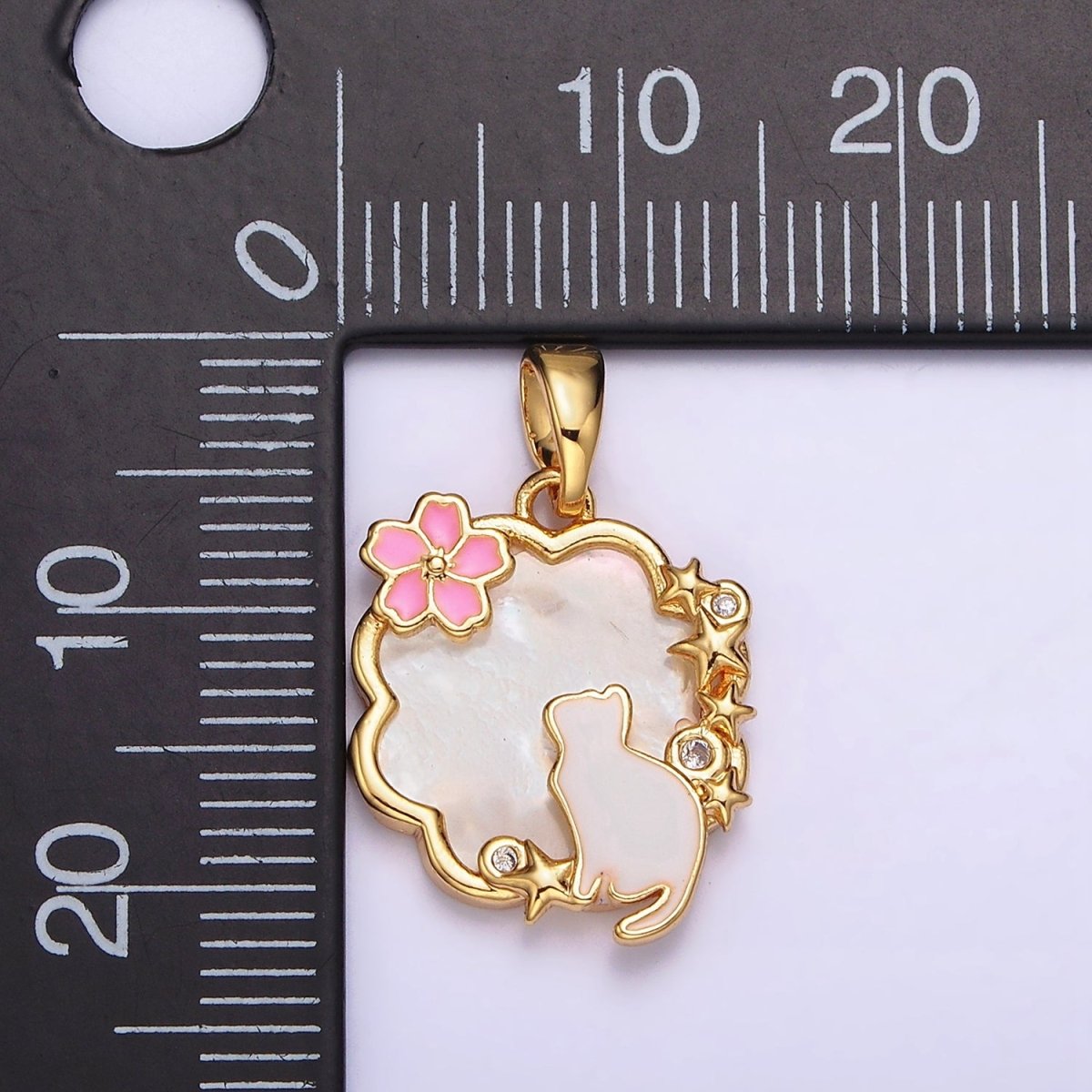 24K Gold plated Celestial Stars CZ White Cat Pink Flower Enamel Cloud Shell Pearl Pendant | AA589 - DLUXCA