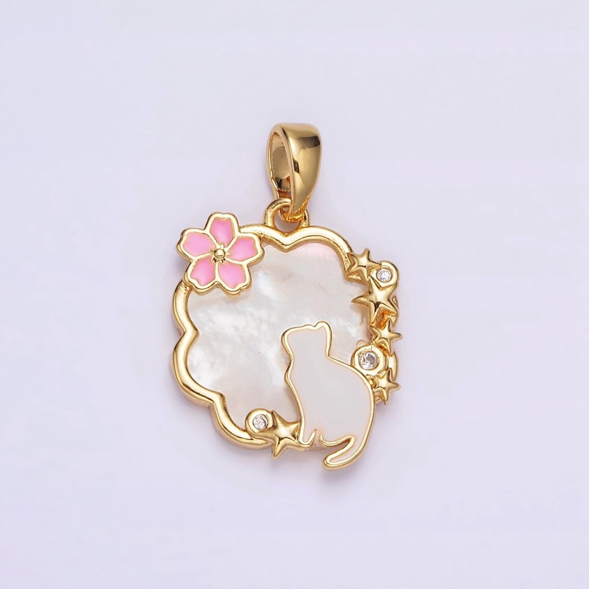 24K Gold plated Celestial Stars CZ White Cat Pink Flower Enamel Cloud Shell Pearl Pendant | AA589 - DLUXCA
