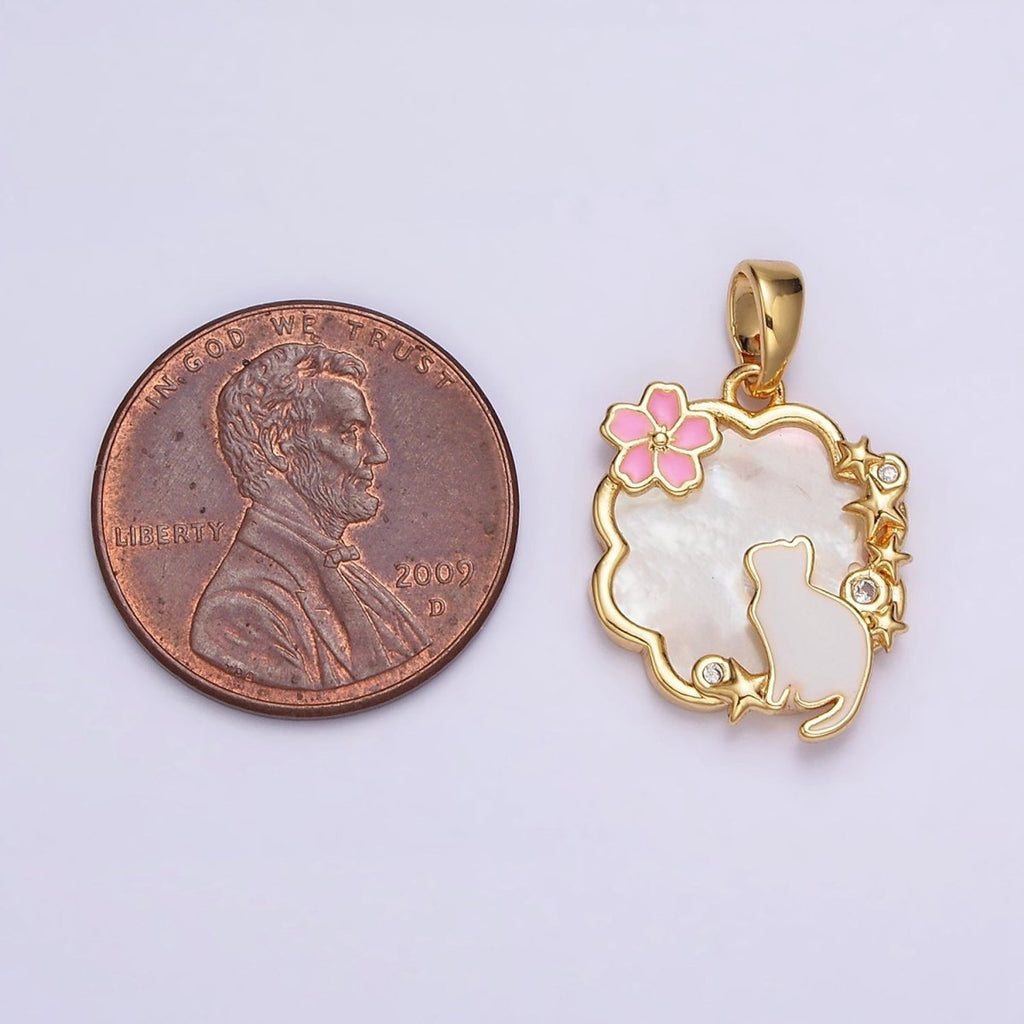 24K Gold plated Celestial Stars CZ White Cat Pink Flower Enamel Cloud Shell Pearl Pendant | AA589 - DLUXCA