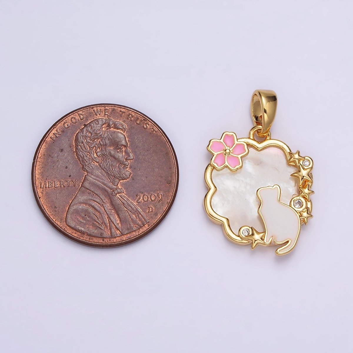 24K Gold plated Celestial Stars CZ White Cat Pink Flower Enamel Cloud Shell Pearl Pendant | AA589 - DLUXCA