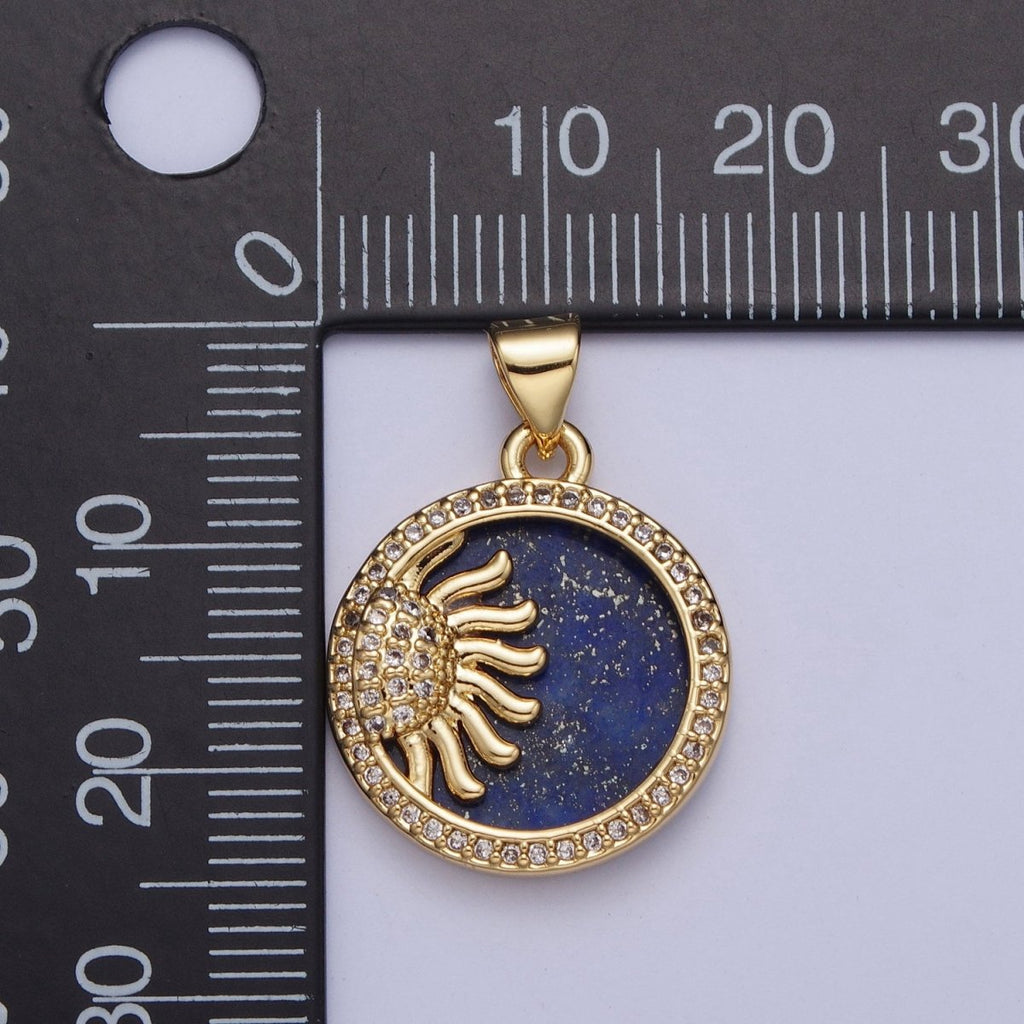 24K Gold plated Celestial Sun Blue Lapiz Micro Pave Bezel Round Medallion Pendant, X-428 - DLUXCA