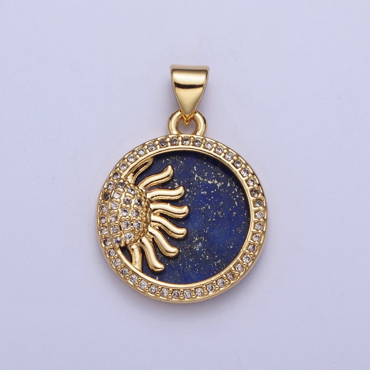 24K Gold plated Celestial Sun Blue Lapiz Micro Pave Bezel Round Medallion Pendant, X-428 - DLUXCA