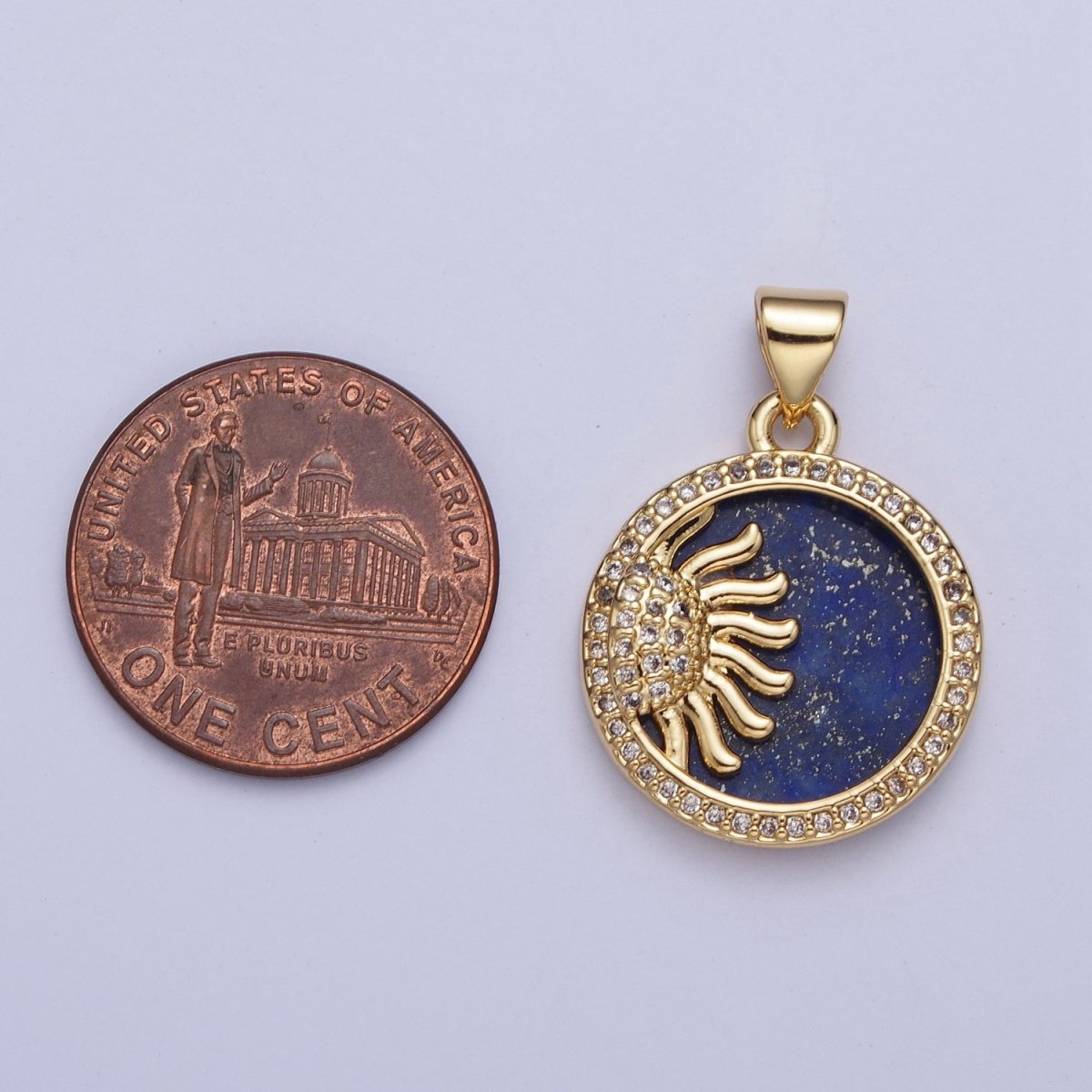 24K Gold plated Celestial Sun Blue Lapiz Micro Pave Bezel Round Medallion Pendant, X-428 - DLUXCA