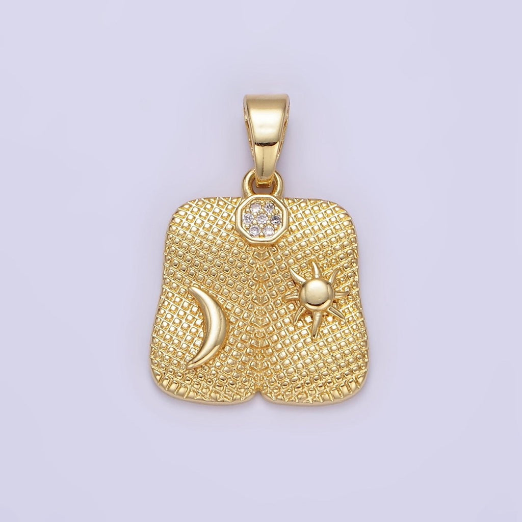 24K Gold plated Celestial Sun Moon Textured Micro Paved Square Pendant | AA1336 - DLUXCA
