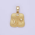 24K Gold plated Celestial Sun Moon Textured Micro Paved Square Pendant | AA1336 - DLUXCA