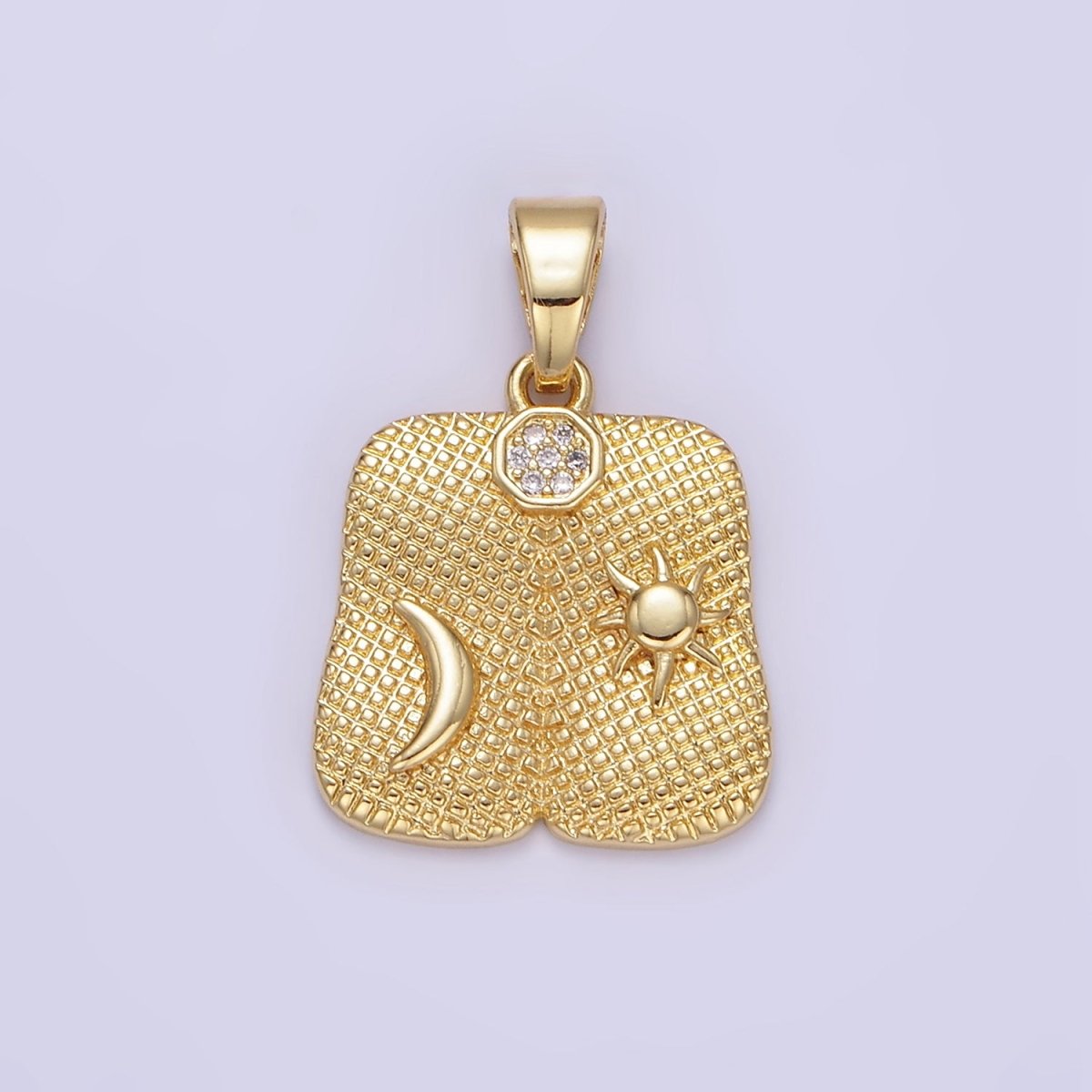 24K Gold plated Celestial Sun Moon Textured Micro Paved Square Pendant | AA1336 - DLUXCA