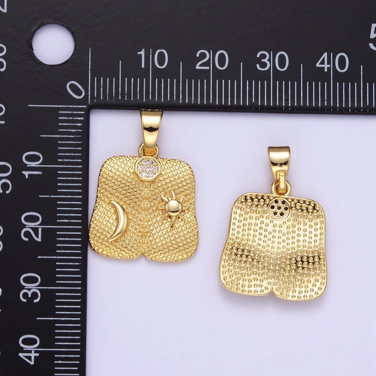 24K Gold plated Celestial Sun Moon Textured Micro Paved Square Pendant | AA1336 - DLUXCA
