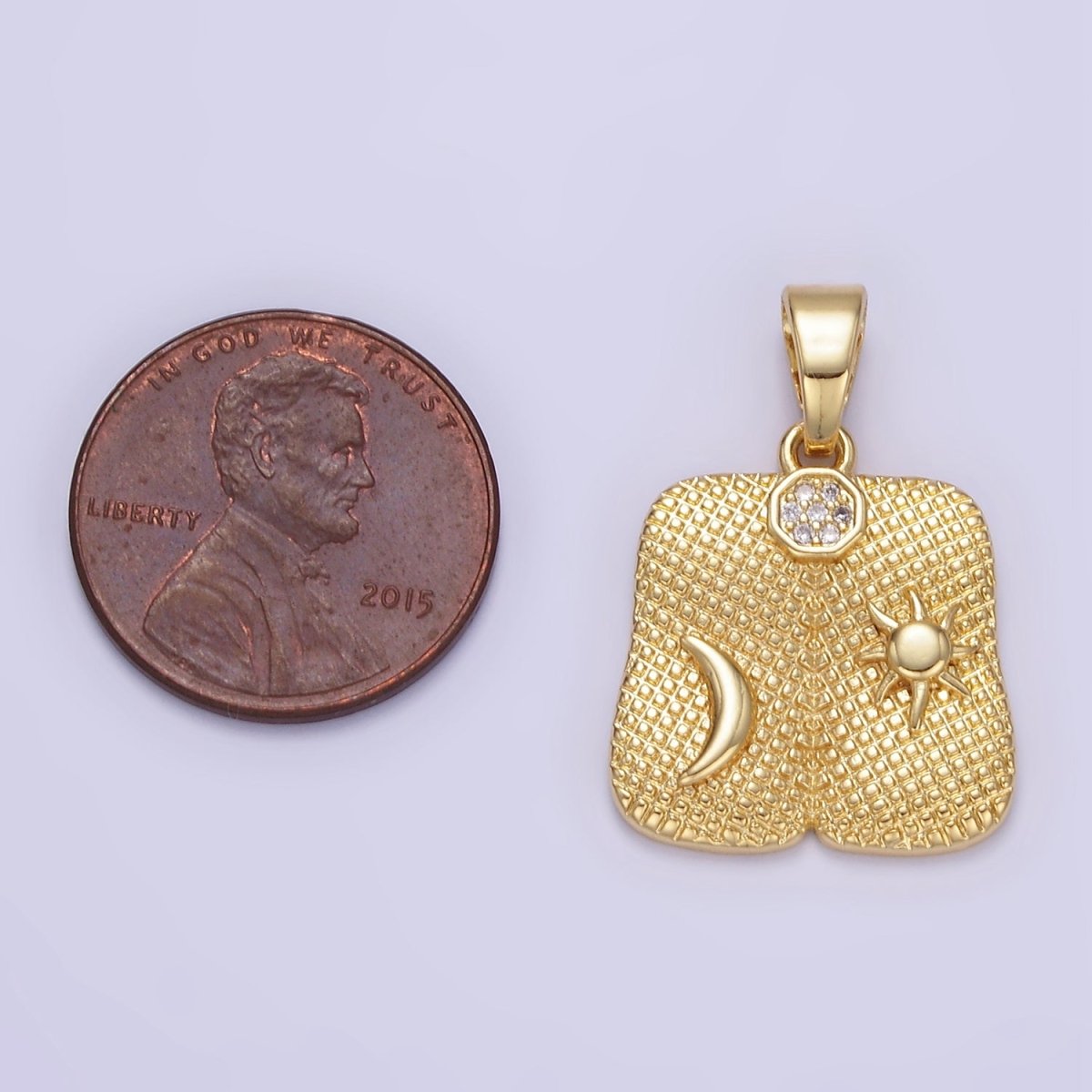 24K Gold plated Celestial Sun Moon Textured Micro Paved Square Pendant | AA1336 - DLUXCA
