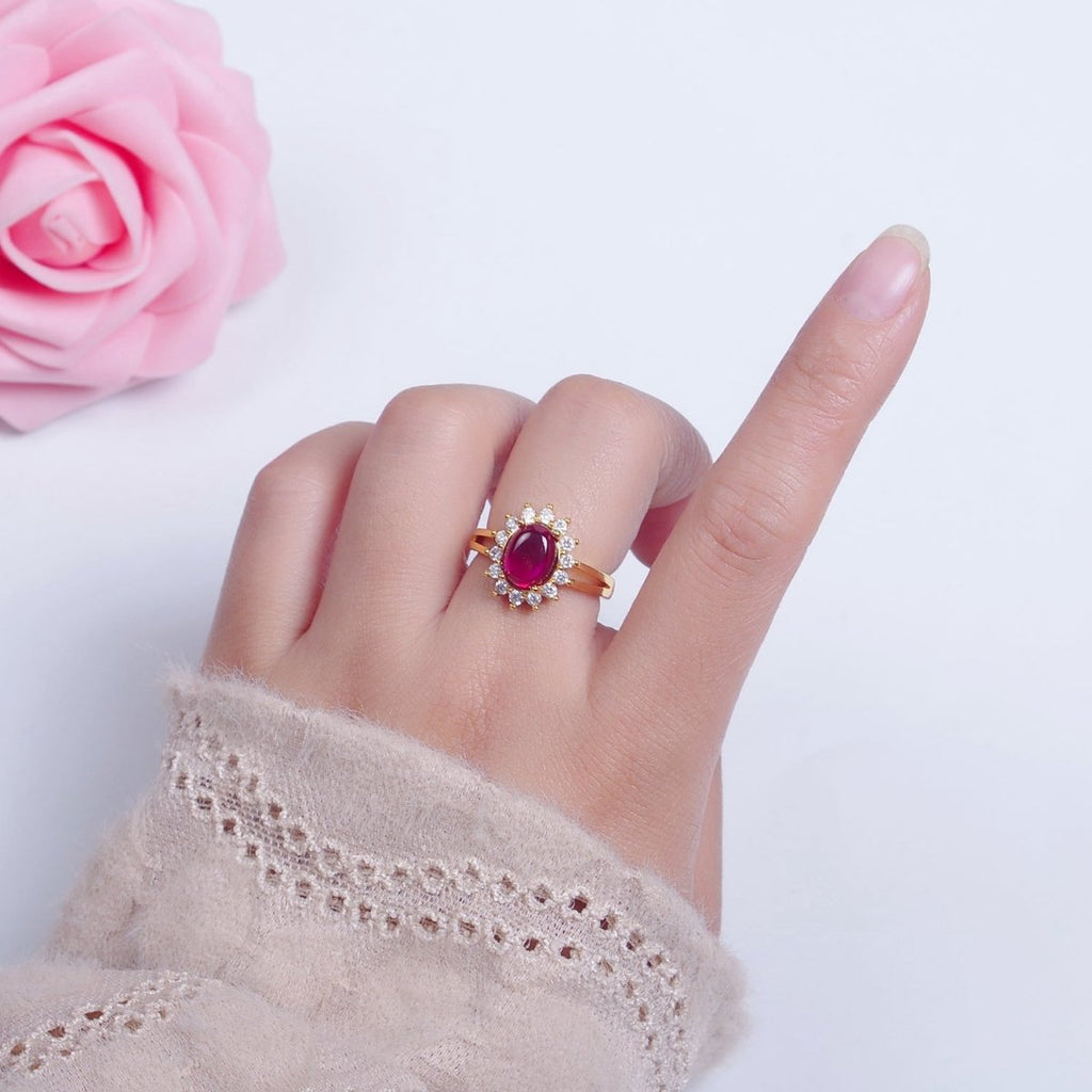 24K Gold plated Celestial Sun Ring with Oval Fuchsia Jade Stone O-769 - DLUXCA
