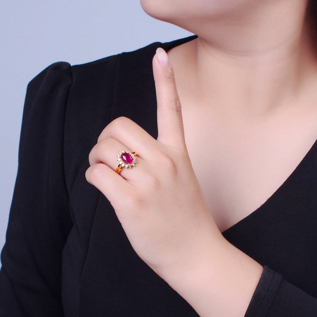24K Gold plated Celestial Sun Ring with Oval Fuchsia Jade Stone O-769 - DLUXCA
