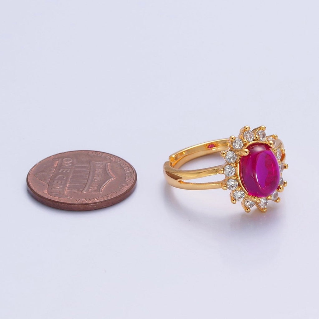 24K Gold plated Celestial Sun Ring with Oval Fuchsia Jade Stone O-769 - DLUXCA