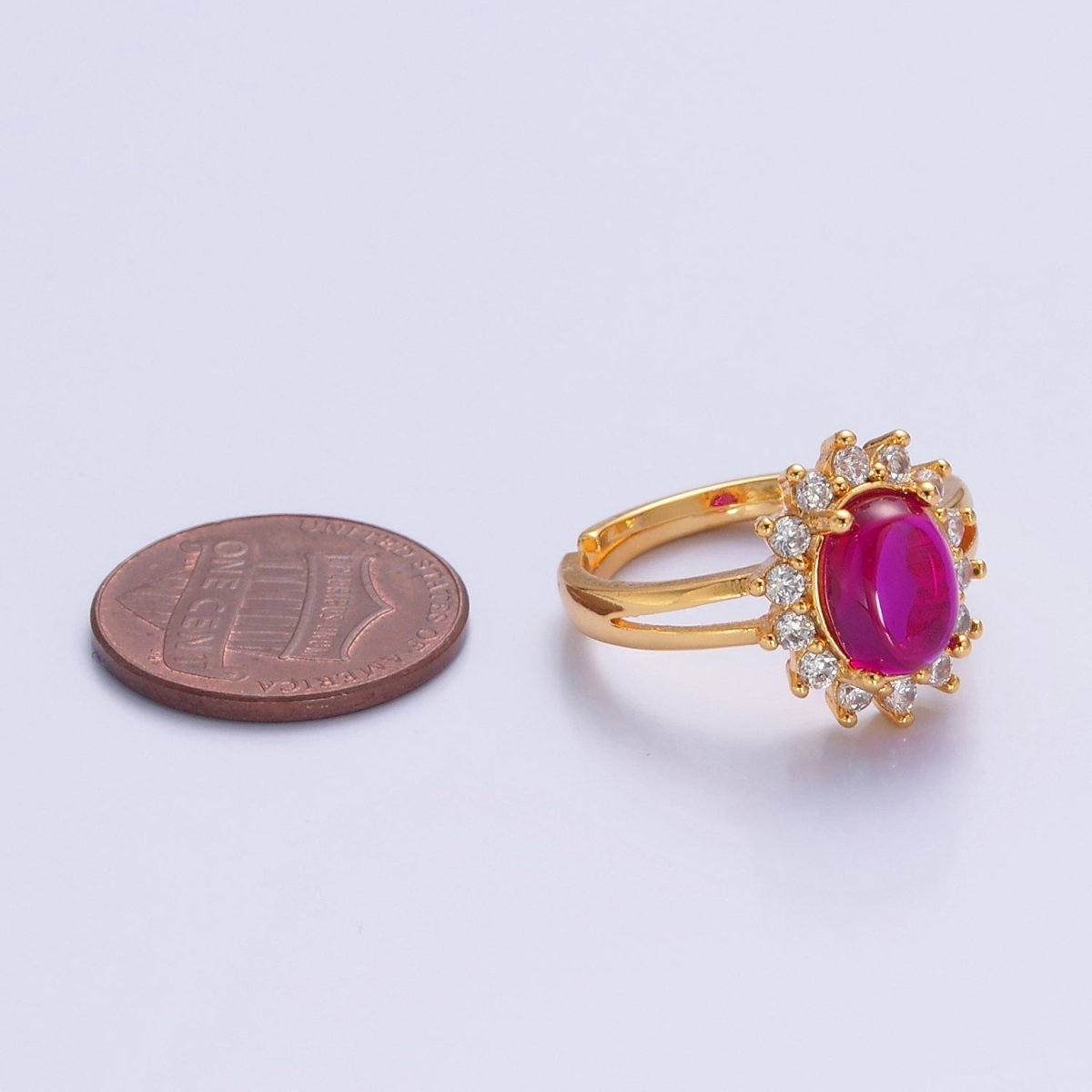 24K Gold plated Celestial Sun Ring with Oval Fuchsia Jade Stone O-769 - DLUXCA