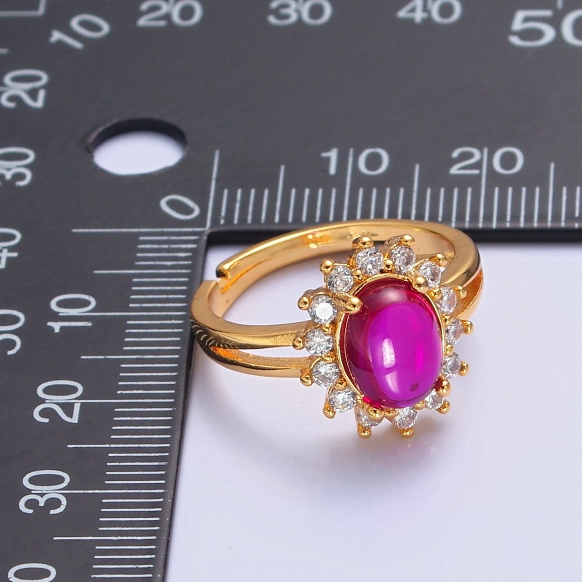 24K Gold plated Celestial Sun Ring with Oval Fuchsia Jade Stone O-769 - DLUXCA