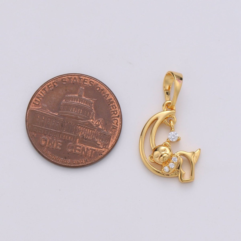 24k Gold plated Charm Sleeping Teddy Bear On Crescent Moon with Cz Micro Pave Charms for Kids Daughter Necklace Christmas Jewelry Gift IDea J-081 - DLUXCA