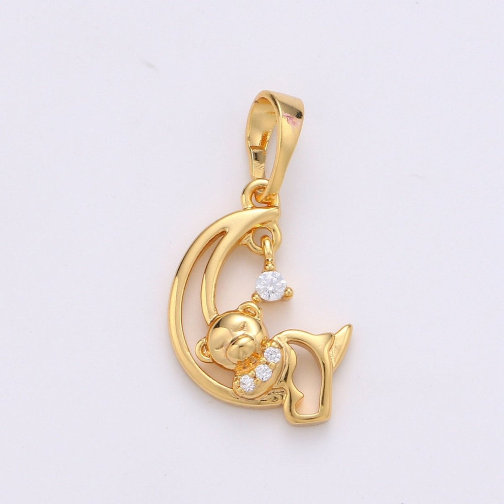 24k Gold plated Charm Sleeping Teddy Bear On Crescent Moon with Cz Micro Pave Charms for Kids Daughter Necklace Christmas Jewelry Gift IDea J-081 - DLUXCA