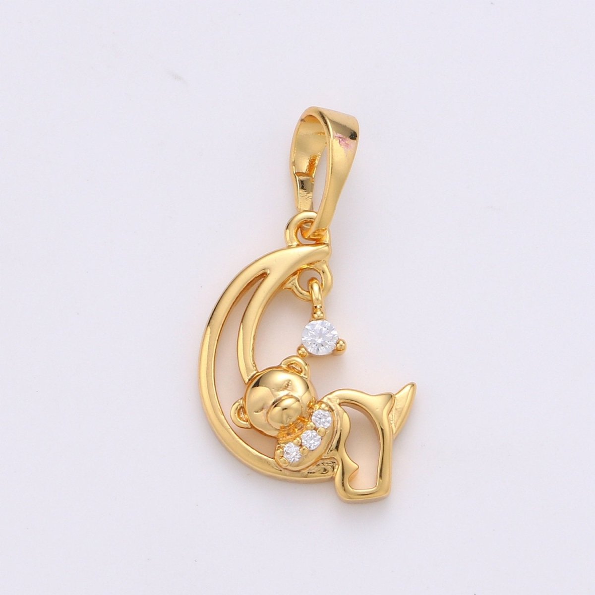 24k Gold plated Charm Sleeping Teddy Bear On Crescent Moon with Cz Micro Pave Charms for Kids Daughter Necklace Christmas Jewelry Gift IDea J-081 - DLUXCA