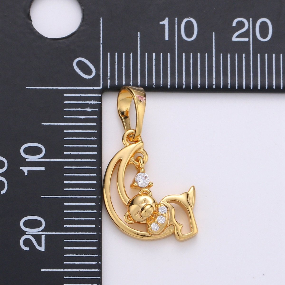 24k Gold plated Charm Sleeping Teddy Bear On Crescent Moon with Cz Micro Pave Charms for Kids Daughter Necklace Christmas Jewelry Gift IDea J-081 - DLUXCA