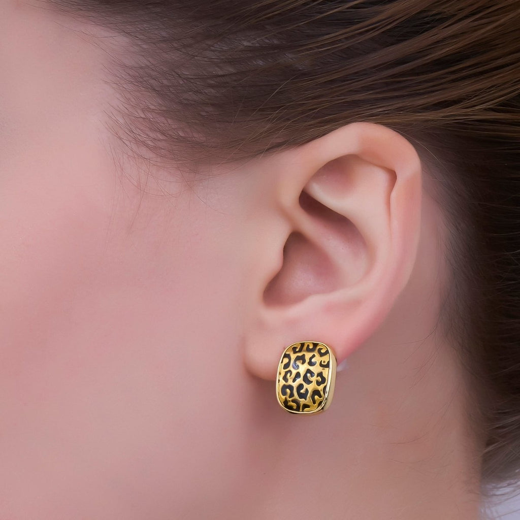 24K Gold plated Cheetah Print Rectangular Oblong Stud Earrings | AB781 