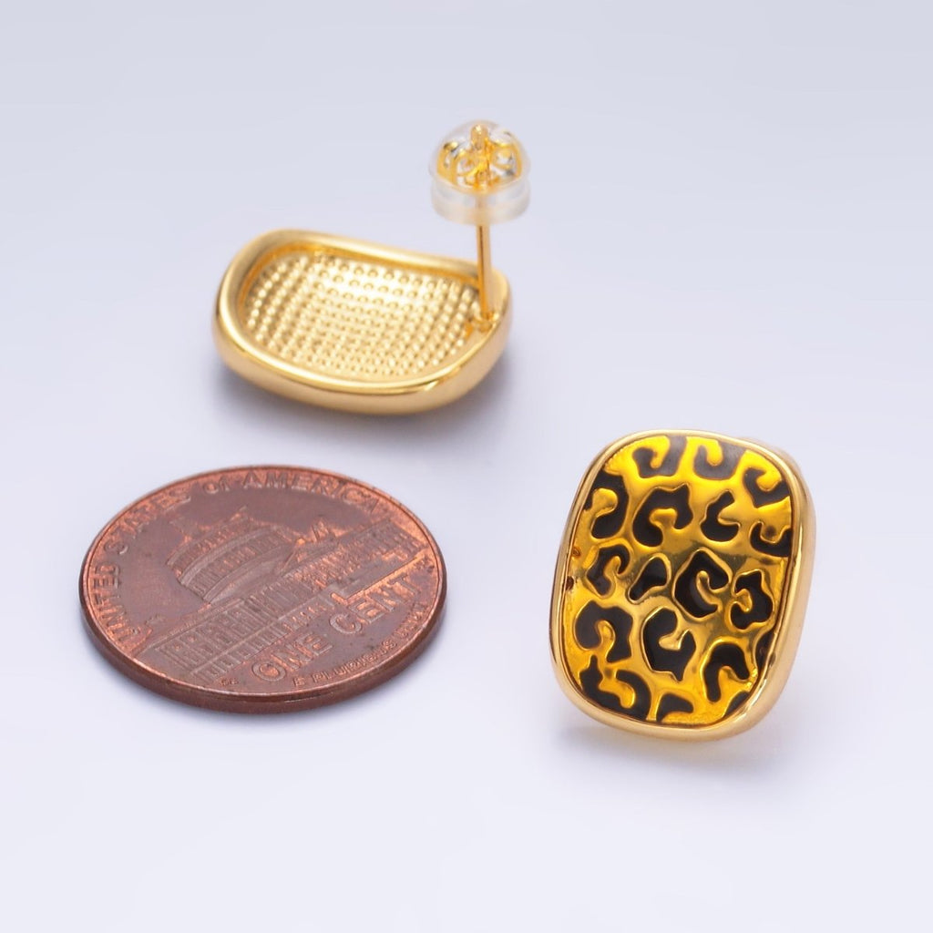 24K Gold plated Cheetah Print Rectangular Oblong Stud Earrings | AB781 
