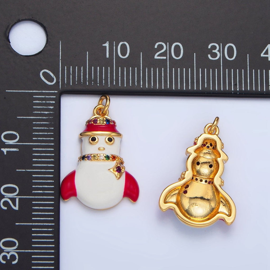 24K Gold plated Christmas Snowman Multicolor Micro Paved CZ Enamel Charm | X611 - DLUXCA