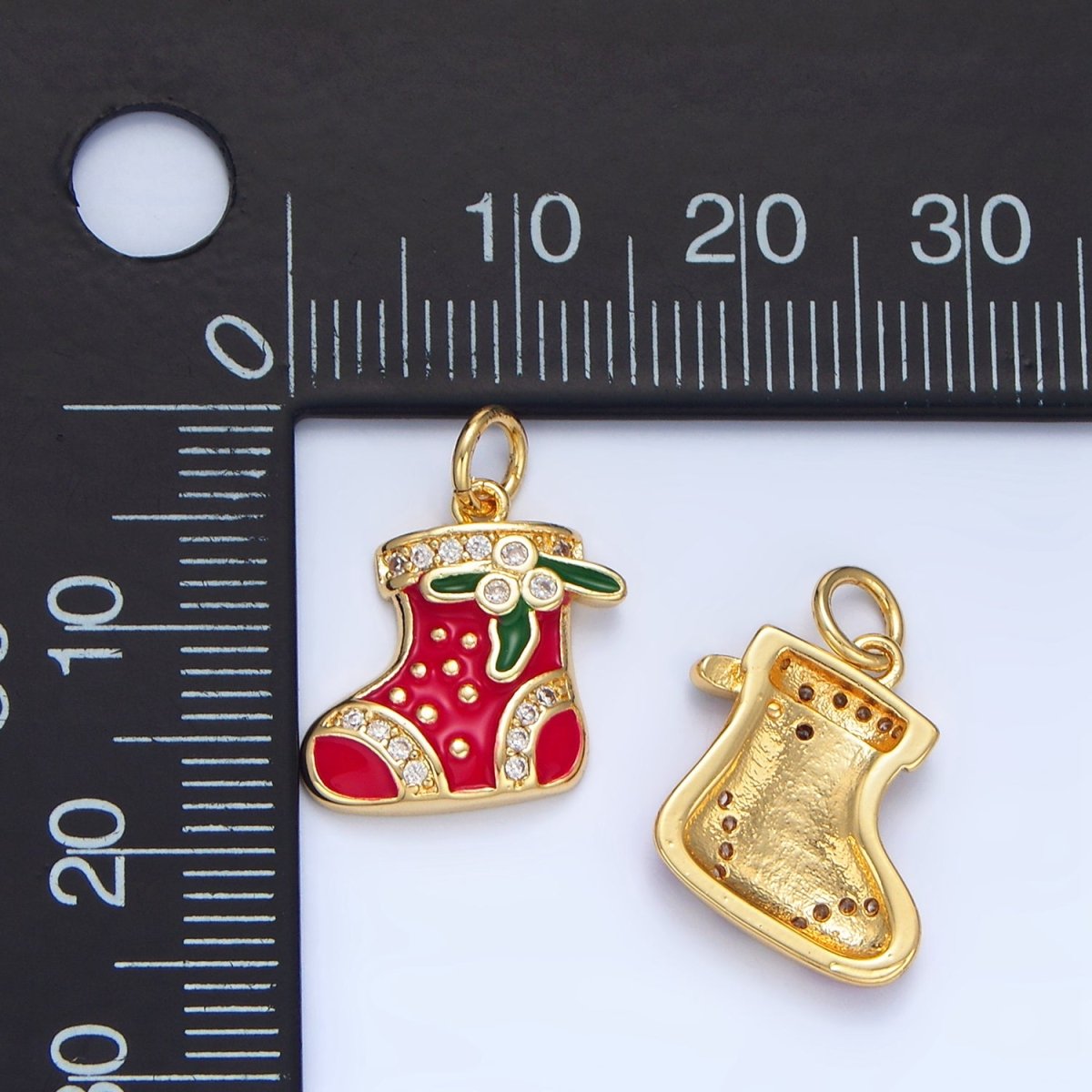 24K Gold plated Christmas Sock Mistletoe Micro Paved CZ Enamel Charm | X843 - DLUXCA