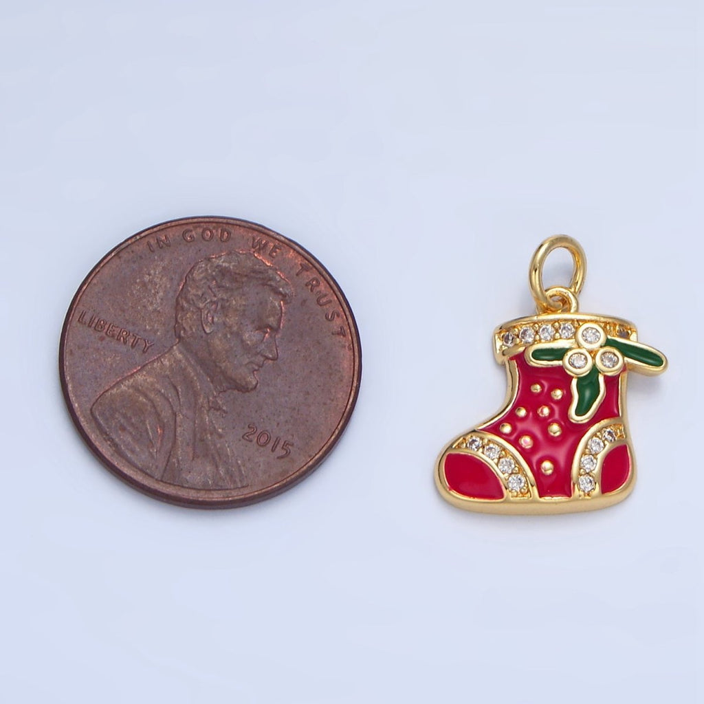 24K Gold plated Christmas Sock Mistletoe Micro Paved CZ Enamel Charm | X843 - DLUXCA