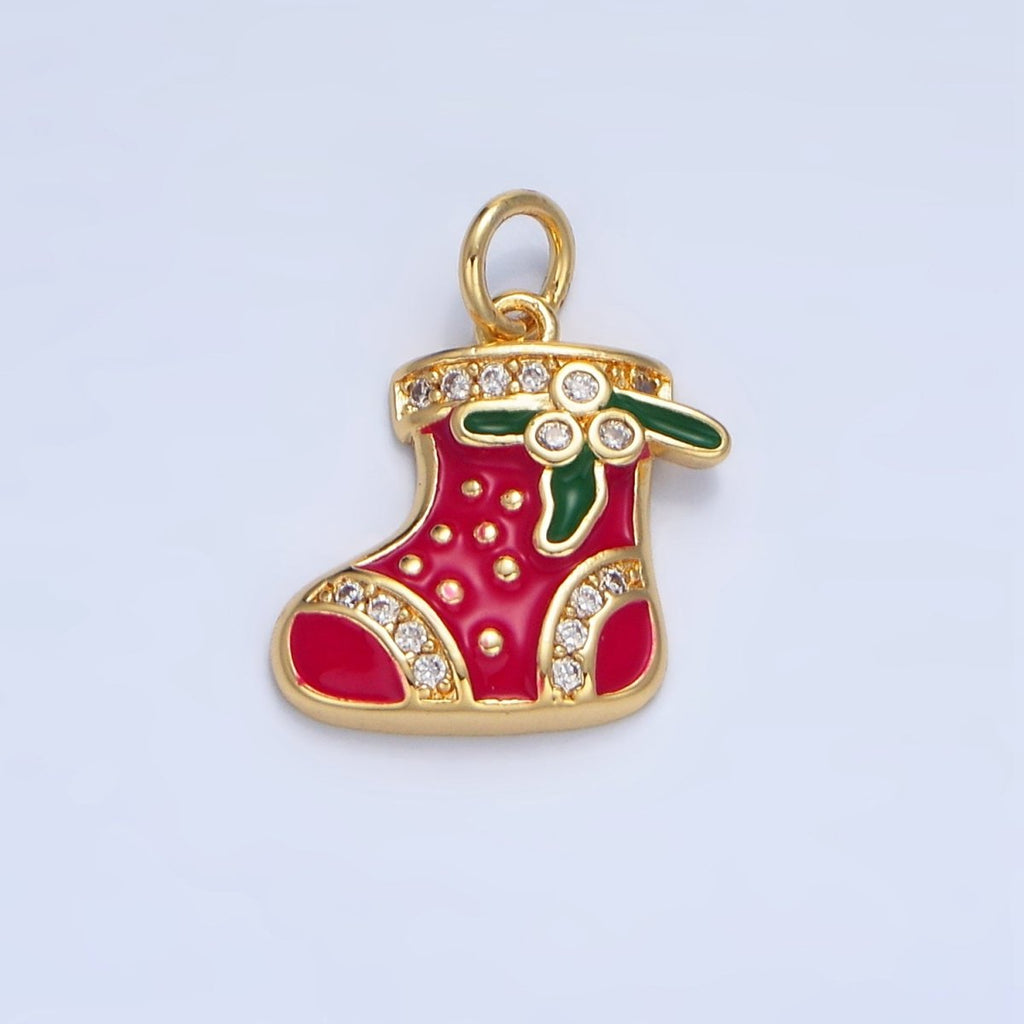 24K Gold plated Christmas Sock Mistletoe Micro Paved CZ Enamel Charm | X843 - DLUXCA