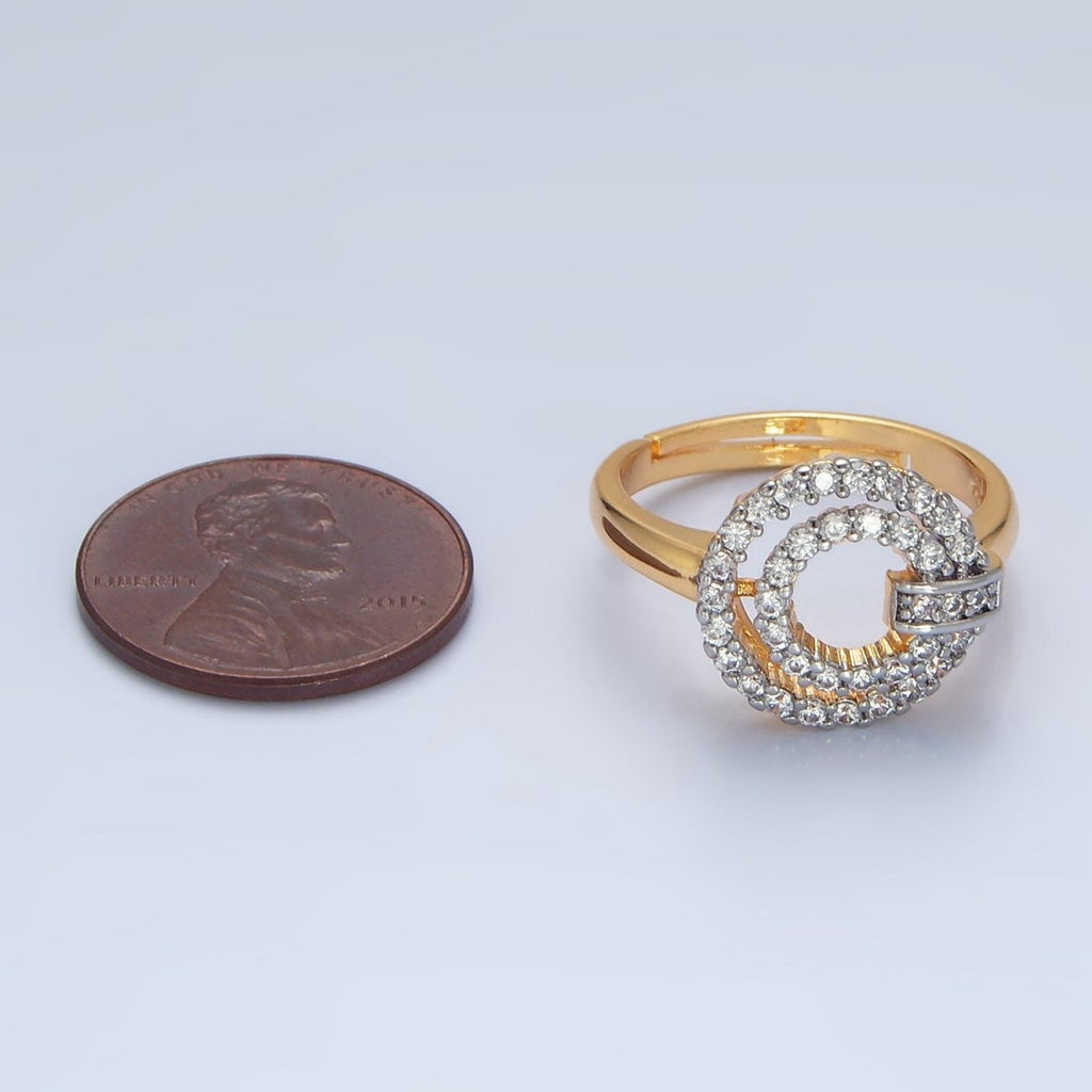 24K Gold plated Circular Buckle Open Band Mixed Metal Ring | O1427 - DLUXCA