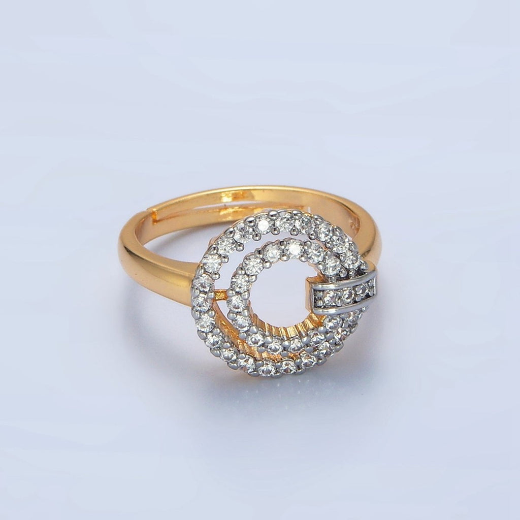 24K Gold plated Circular Buckle Open Band Mixed Metal Ring | O1427 - DLUXCA