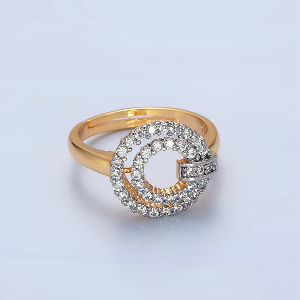 24K Gold plated Circular Buckle Open Band Mixed Metal Ring | O1427 - DLUXCA