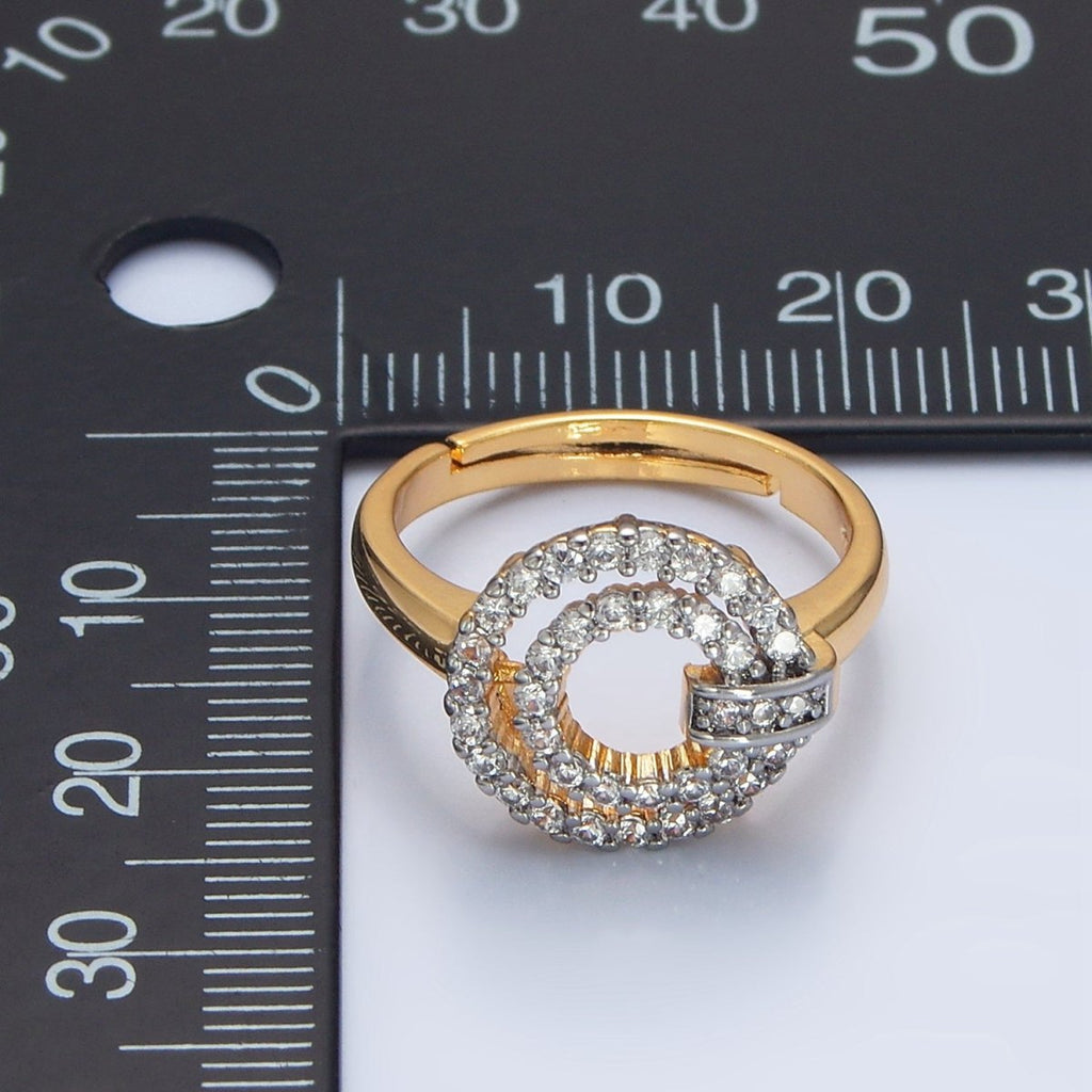 24K Gold plated Circular Buckle Open Band Mixed Metal Ring | O1427 - DLUXCA