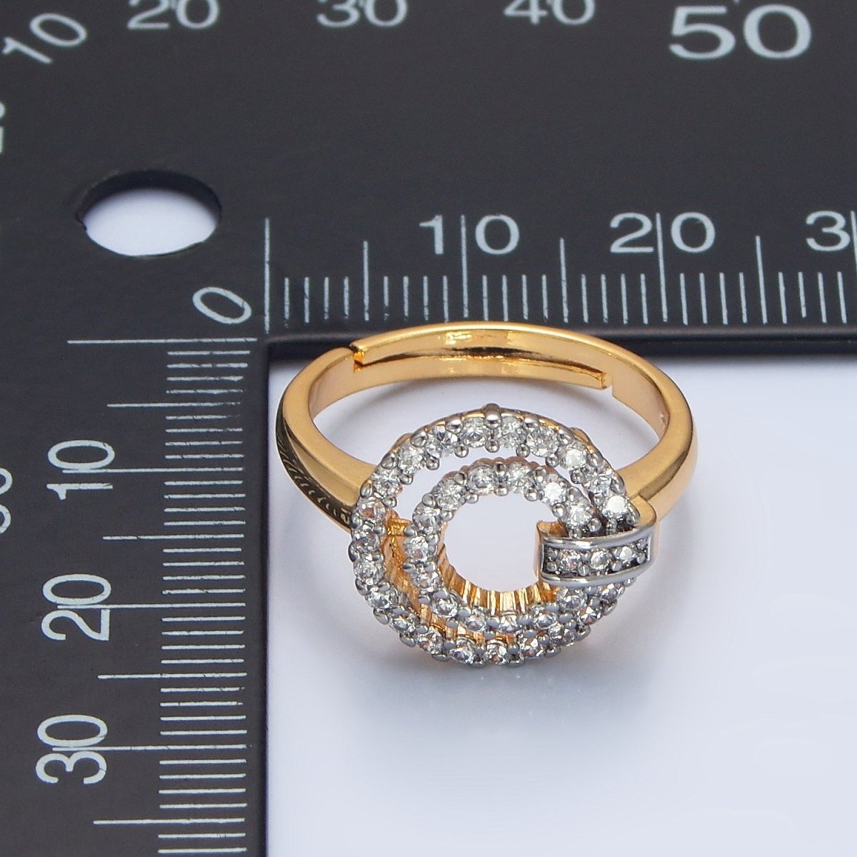 24K Gold plated Circular Buckle Open Band Mixed Metal Ring | O1427 - DLUXCA